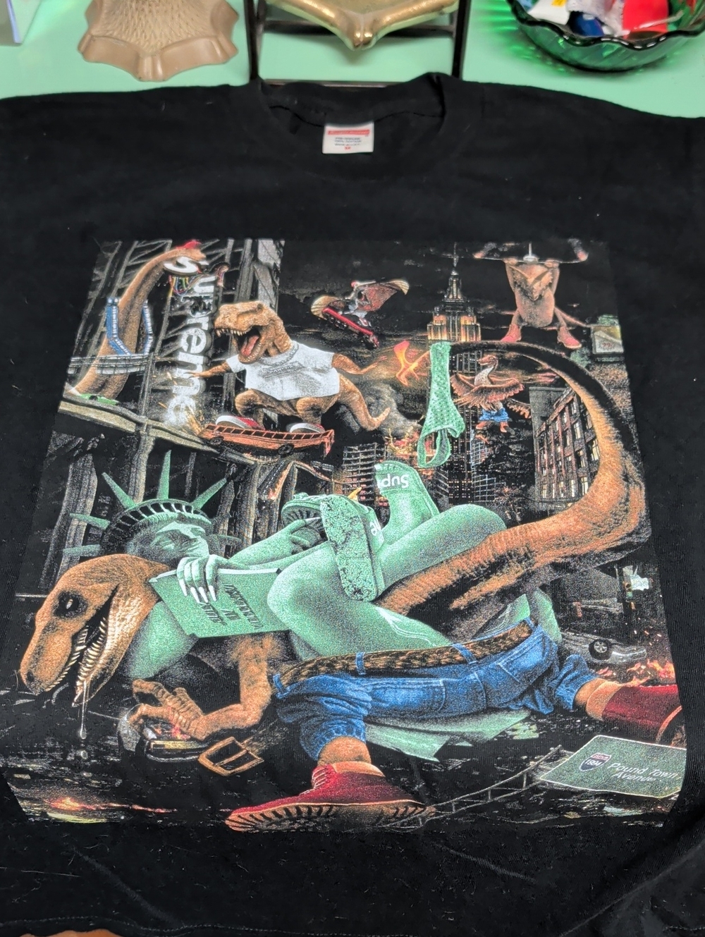 Supreme Black Tee with Multicolor Dinosaur City Skate Graphic